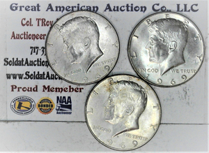 lot C2-SE41 image: 4- 1969 D 12 Dollar Kennedy 50c