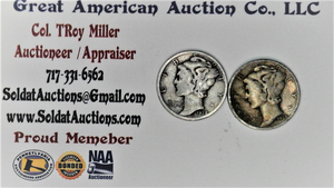lot E1-SE92 image: 2- 1938 P and D Mercury Dime 10 cents SILVER