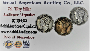 lot E1-SE93 image: 3- 1940 Mercury Dime 10 cents SILVER