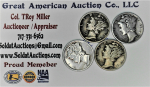 lot E1-SE95 image: 4- 1942 Mercury Dime 10 cents SILVER