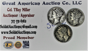 lot E1-SE96 image: 3- 1943 Mercury Dime 10 cents SILVER
