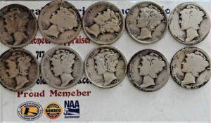 lot E1-JT144 image: 10- Different DatesMercury Dime 10 cents Silver