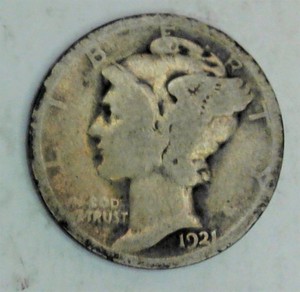 lot E1-JT143 image: 1- 1921 Mercury Dime 10 cents SilverKey Date