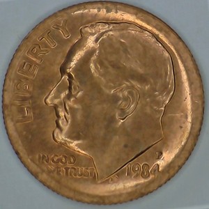 lot A3-SE99 image: 1- 1984 P Roosevelt Dime Mint Error Extensive CLAD UNPLATED PLANCHET COPPER DIME 10c