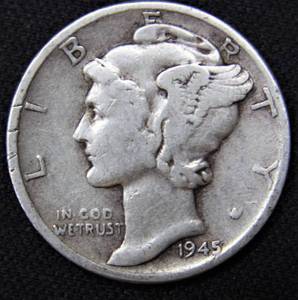 lot E1-SE98A image: 1- 1945 Mercury Dime 10 cents SILVER