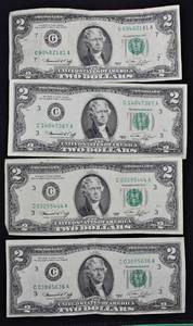 lot I1-SE122 image: 4- $2.00 US Dollar Bill