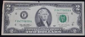 lot I1-JT140 image: 1- 2.00 Dollar Bill