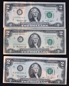 lot I1-JT141 image: 3- 2.00 Dollar Bill