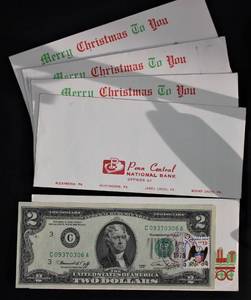 lot I1-KS12A image: 5- 2.00 Bill in Christmas Envelope with Stamp
