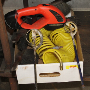 lot 409 image: Brushes  Air Hose  Battery Operated Trimmer  Paint and Mud Mixers Lot