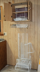 lot 147 image: Small Storage Cabinet (Hangs on Wall) and Shelving Materials Lot  (Garage)