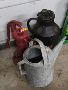 lot 153 image: Vintage Water Pump  Watering Can  Milk Can  (Garage)