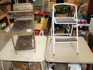 lot 215 image: Card Tables  Folding Chairs  Rolling Kitchen Cart  Step Stool Lot  (Garage)