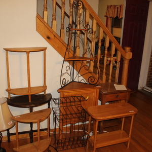 lot 106 image: Corner Shelving Unit  Wire Magazine Rack  Small Tables  (LR)