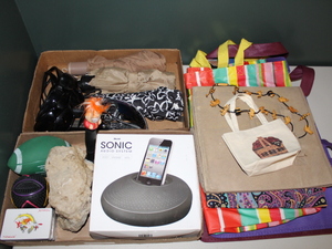 lot 100 image: Sonic Audio System  Playing Cards  Umbrellas  Sun Glasses  Canvas Bags Lot  (DR)