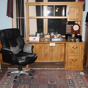 lot 82 image: Office Desk wHutch  Chair  Chair Mat  Wooden Shelf Unit Lot  (Office)