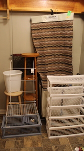 lot 79 image: Stool  Carpet Runners  Laundry Basket  Shelving Lot  (L2)