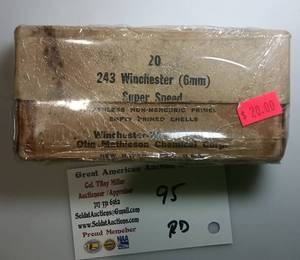 lot 95 image: 1 box 243 Winchester 6mm ammo antique box