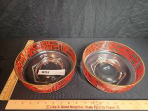 lot 35 image: Lot of 2 Jeannette Atomic Red  Gold Starburst Bowls 8 34 Wide 3 14 tall