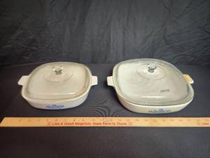 lot 79 image: Corning Blue Corn Flower Casserole Dishes (2)