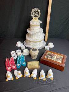 lot 161 image: Needlepoint Wedding Cake, Napkin Holders, Music Box, etc.