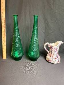 lot 157 image: Lot of 2 Tall Green Vases and 1 Red, White, and Blue Pitcher