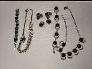 lot 82 image: 2 sets of silver tone and black costume jewelry