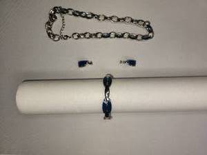 lot 144 image: Blue and silver tone matching set, clip one earrings, bracelet, and necklace