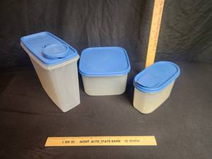 lot 12 image: 3 Tupperware Containers with blue matching lids