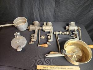 lot 120 image: Sears Hamburger press, Vintage Meat Grinders