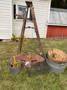 lot 82 image: Ladder, Eagle, Wash Tubs and Baskets