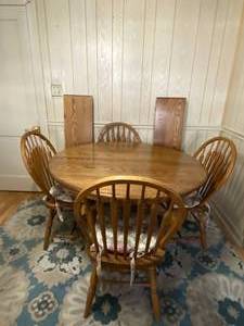 lot 67 image: Wood Dining Room Table with 2 Leaves and 4 Chairs