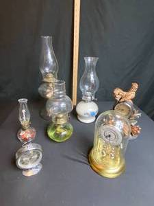 lot 107 image: Lot of Kerosene Oil Lamps, Vintage and Newer, Clocks