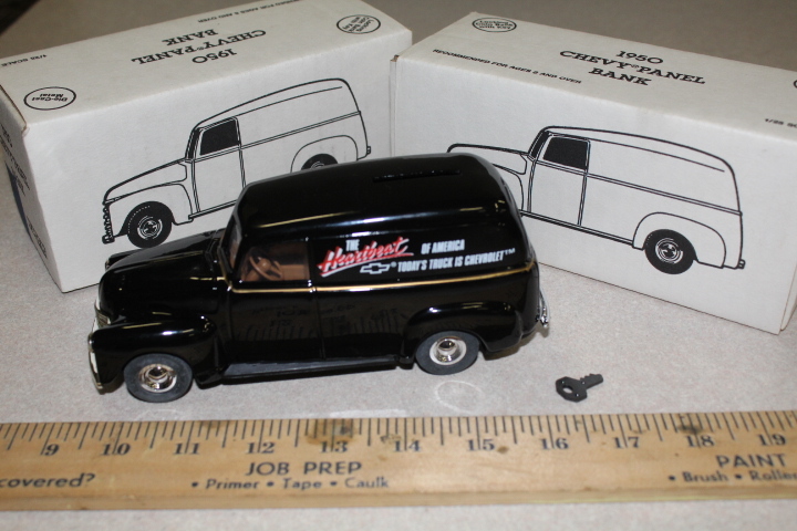 lot 41 image: 1950 Chevy Panel Bank locking coin bank w key - NIB