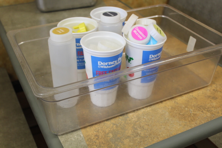 lot 60 image: Full size x 6 hotel pan & Dressing squeeze bottle  cap lot