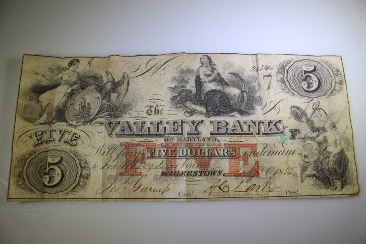 lot 62 image: 5.00 Note The Valley Bank of Maryland, Hagerstown #20340  1855
