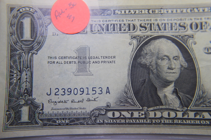 lot 7 image: 1957 A $1 SILVER CERTIFICATE  BLUE SEAL NOTE  AU-50  282