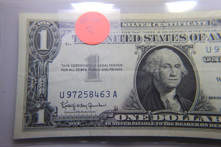 lot 8 image: 1957 B $1 SILVER CERTIFICATE  BLUE SEAL NOTE EF-40  283