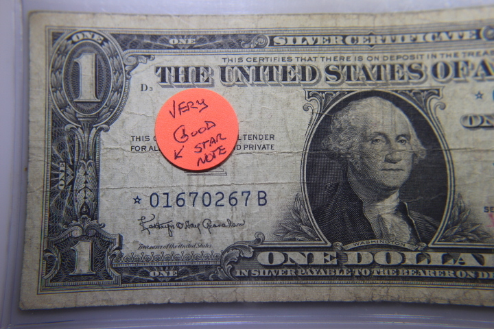 lot 9 image: 1953� STAR NOTE $1 SILVER CERTIFICATE �BLUE SEAL NOTE VG-8  285
