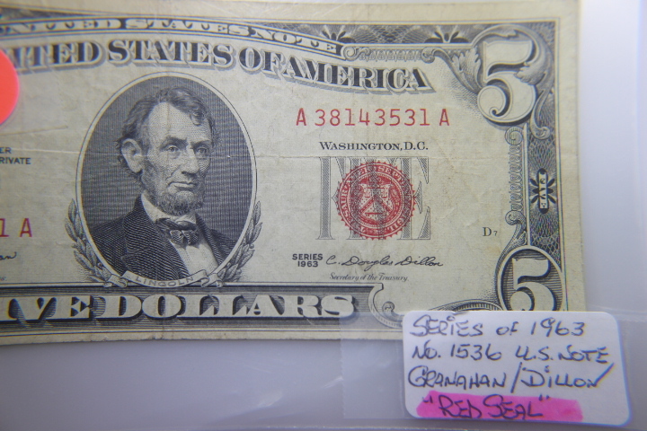 lot 12 image: 1963 $5� $5 US NOTE RED SEAL VF-20  290
