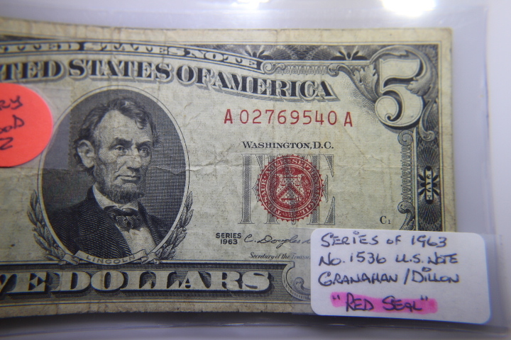 lot 13 image: 1963 $5  $5 US NOTE RED SEAL VG-8  291