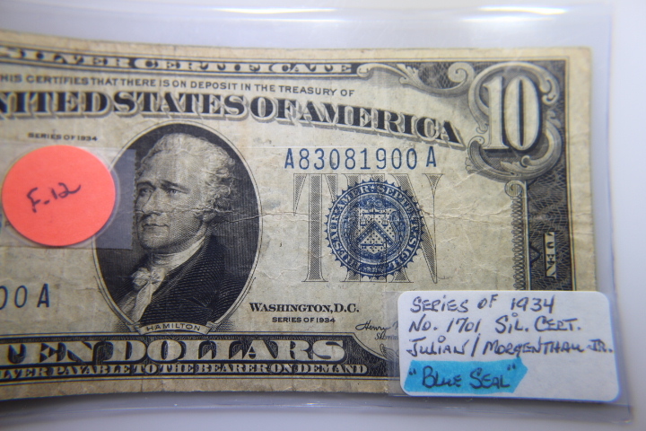 lot 14 image: 1934 $10 US NOTE BLUE SEAL F-12  292