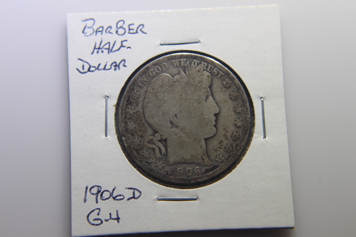 lot 15 image: 1906 D BARBER HALF DOLLAR 50c G- 4 229