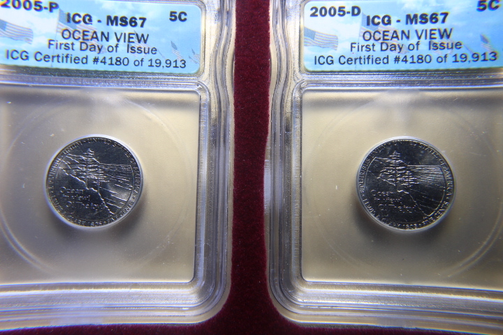 lot 95 image: 2005 P-D JEFFERSON NICKEL OCEAN VIEW FIRST DAY OF ISSUE ICG MS-67� 106