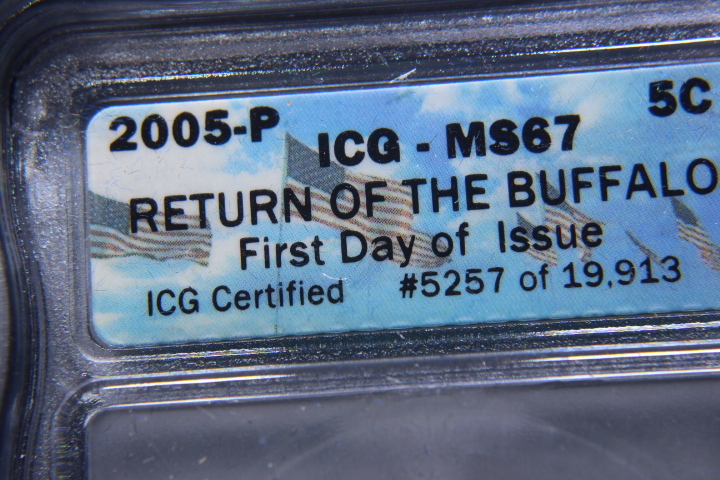 lot 96 image: 2005 P-D JEFFERSON NICKEL RETURN OF THE BUFFALO, FIRST DAY ISSUE MS-67, ORIGINAL UFFALO NICKEL 1937 EF-40