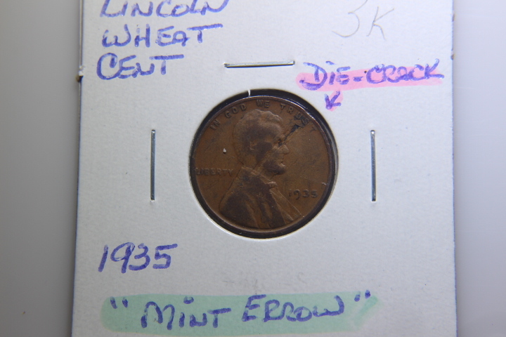 lot 3K image: MINT ERROR 1935 Lincoln Cent Penny DIE CRACK