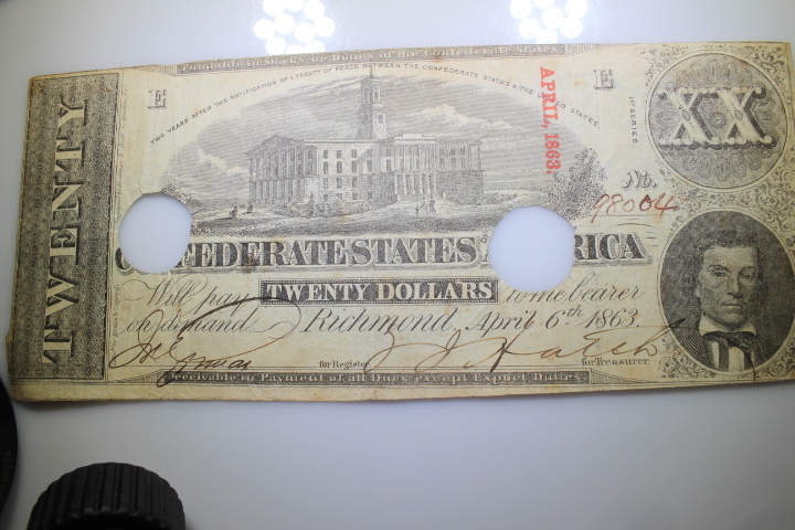 lot 14A image: Confederate 20.00 Bill No CS-58 461863 1st Edition