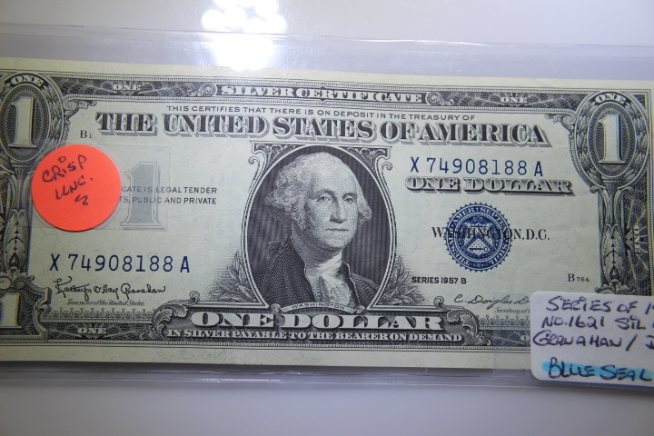 lot 8B image: 1957 B $1 SILVER CERTIFICATE  BLUE SEAL NOTE No 1621 Crisp Unc.