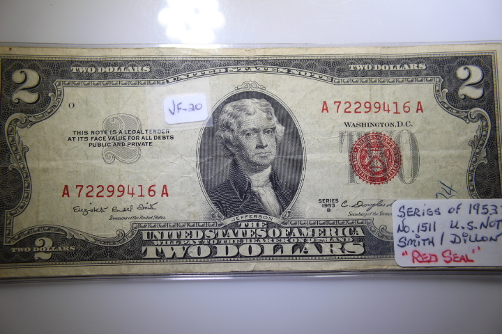 lot 11A image: 1953 B 2.00 US Note VF-20 Red Seal