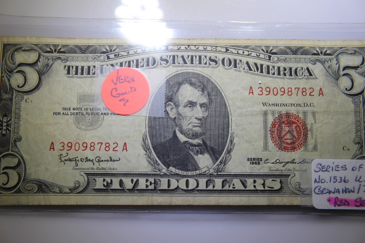 lot 12A image: 1963 5.00 US Note Red Seal No 1536